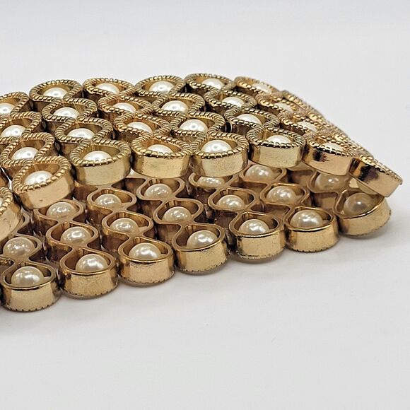 Wide Gold Pearl Stretchy Bangle Bracelet 7in - Picture 5 of 6